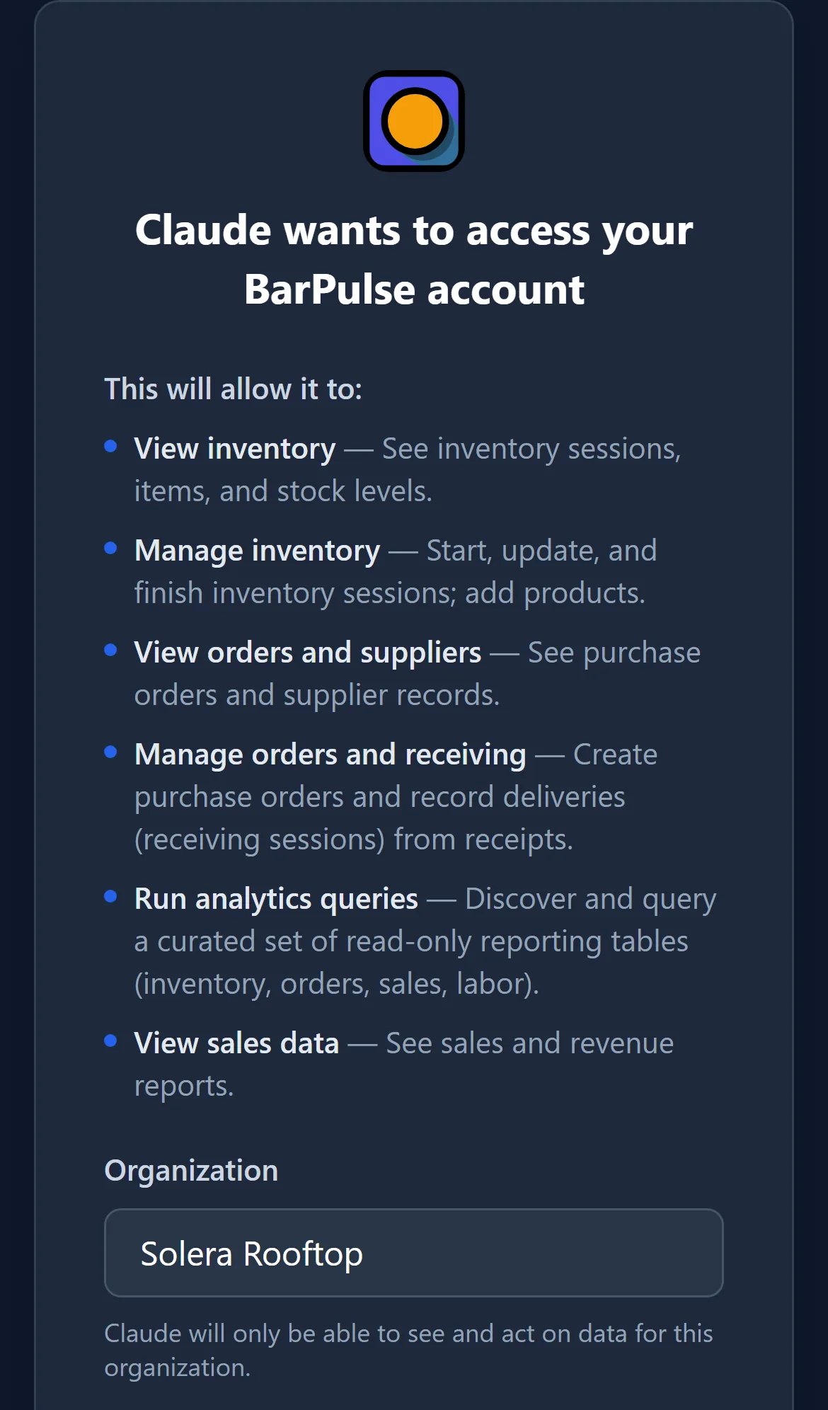 Bar Pulse authorization screen